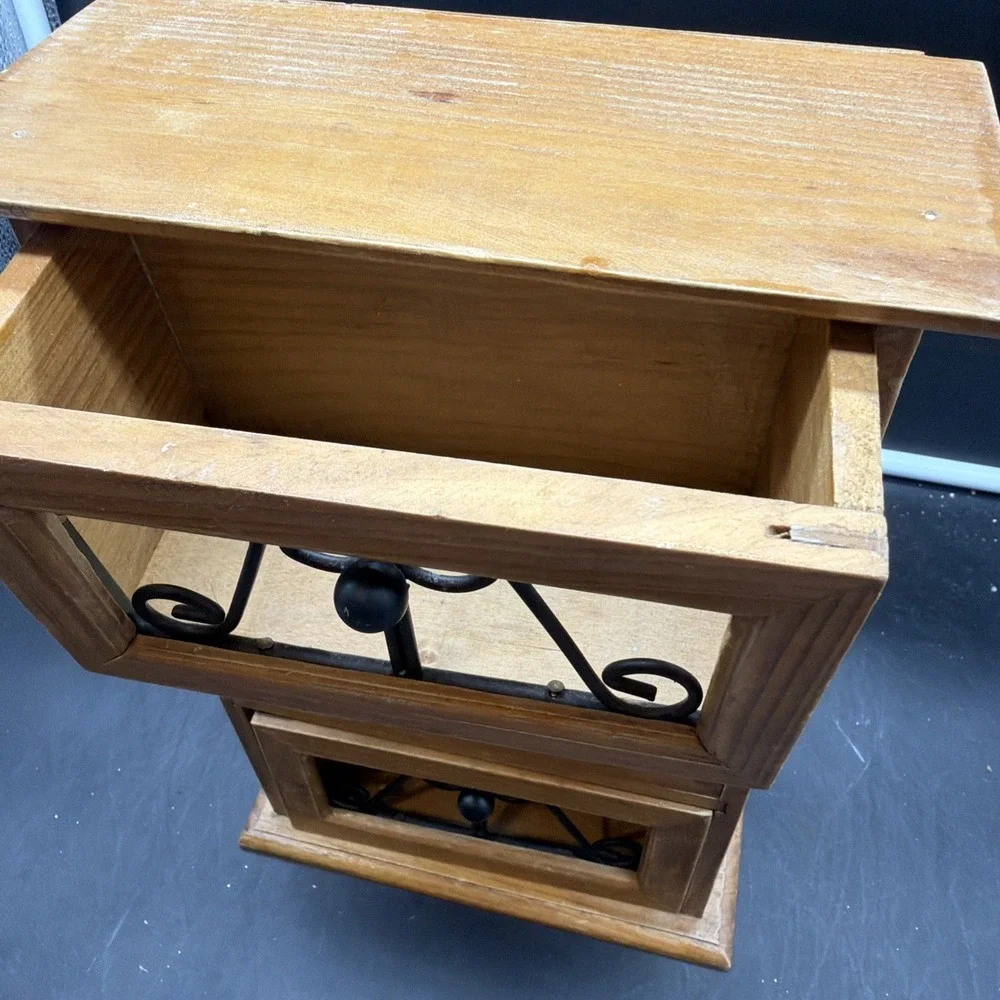 VTG Wood Small Counter Top 3 Drawer Storage Caddy Iron Scroll Drawers Grannycore
